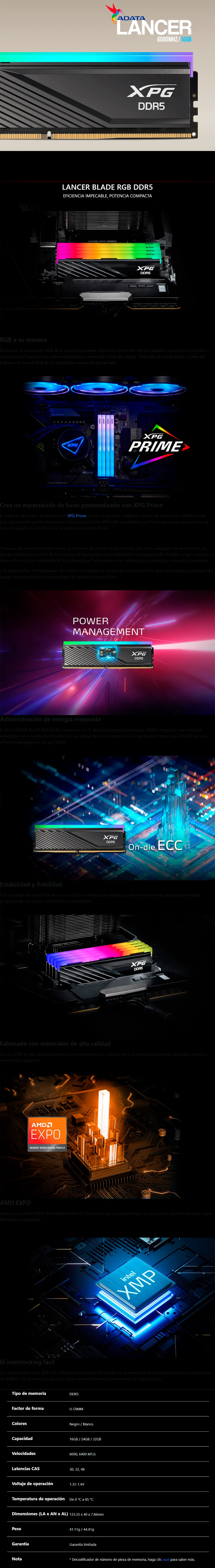 Descripción de Memoria RAM XPG Lancer Blade RGB DDR5 / 6000MHz / 16GB / Non-ECC / CL48 / XMP / Negra / AX5U6000C4816G-SLABRBK / EXPO incompatible con Ryzen 8000 series