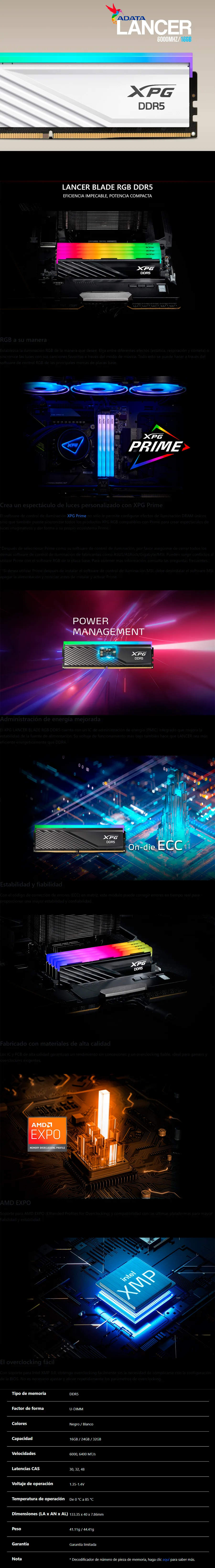 Descripción de Memoria RAM XPG Lancer Blade RGB DDR5 / 6000MHz / 16GB / Non-ECC / CL48 / XMP / Blanca / AX5U6000C4816G-SLABRWH XMP/EXPO incompatible con Ryzen 8000 series