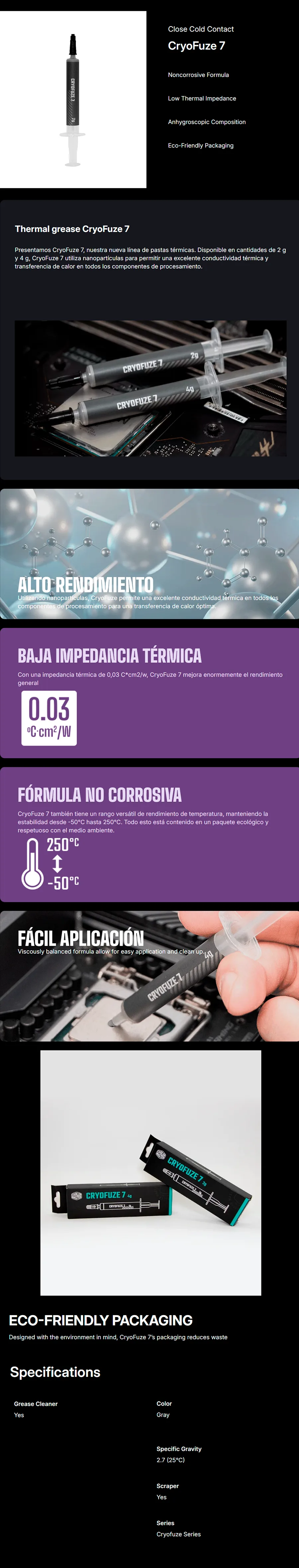 Descripción de Pasta Térmica Cooler Master CryoFuze 7 / 2 Gramos / Nanopartículas / Para CPU y GPU / No Conductiva / -50°C a 250°C / Gris / MGZ-NDSG-N07M-R2