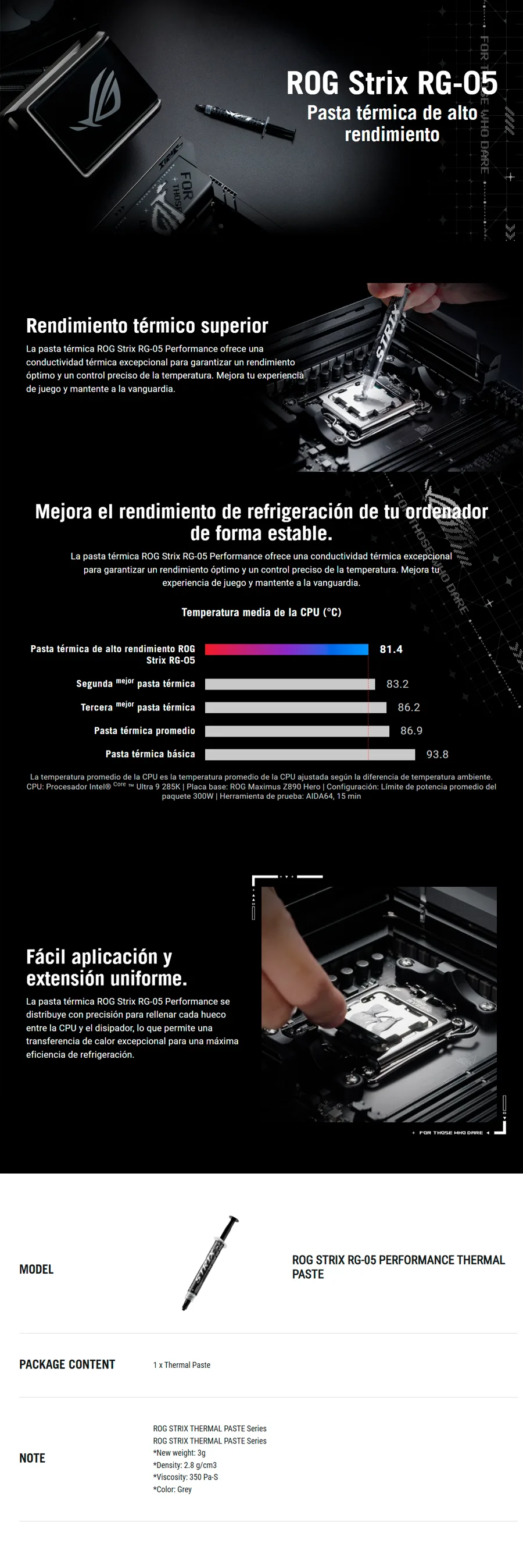 Descripción de Pasta Térmica ASUS ROG Strix RG-05 / 3g / Alto Rendimiento / Alta Conductividad Térmica / Fácil Aplicación / ROG STRIX RG-05