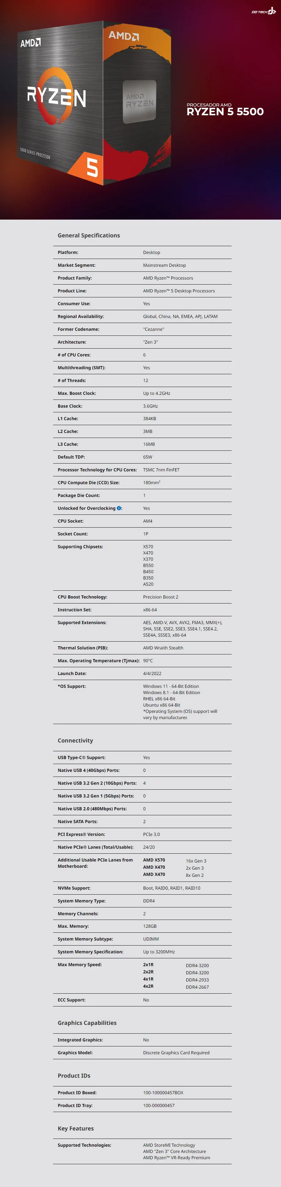Descripción de Procesador AMD Ryzen 5 5500 / 6 Core / 12 Thread / 3.6GHz / 4.2GHz Boost / TDP 65W / Incluye Disipador Wraith Stealth / (Requiere Tarjeta de Video) / 100-100000457BOX