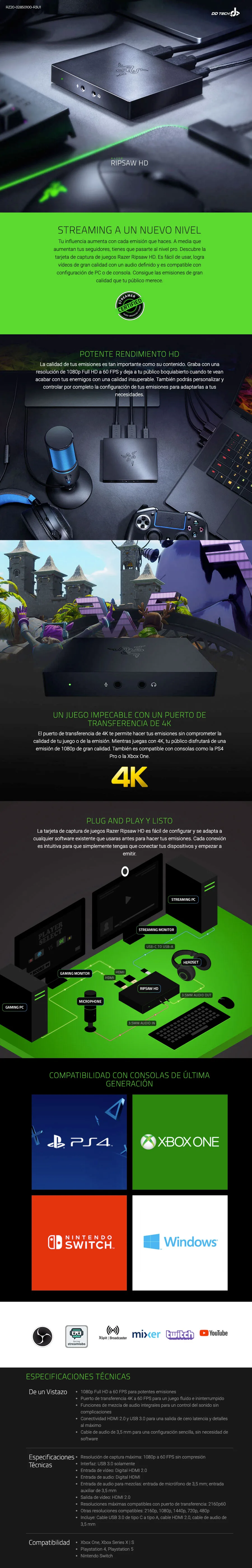 Descripción de Capturadora Externa Razer Ripsaw HD / PS4, XBOX, Nintendo Switch o PC/ FHD / RZ20-02850100-R3U1