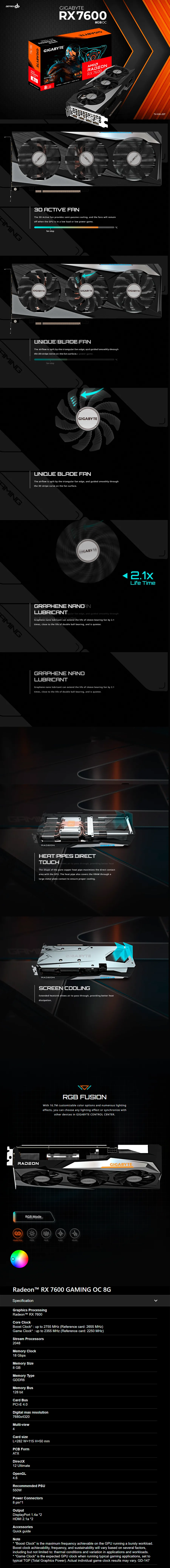 Descripción de Tarjeta de Video Gigabyte AMD Radeon RX 7600 GAMING OC 8G / 8GB / 256-bit GDDR6 / PCI Express 4.0 / GV-R76GAMING OC-8GD 