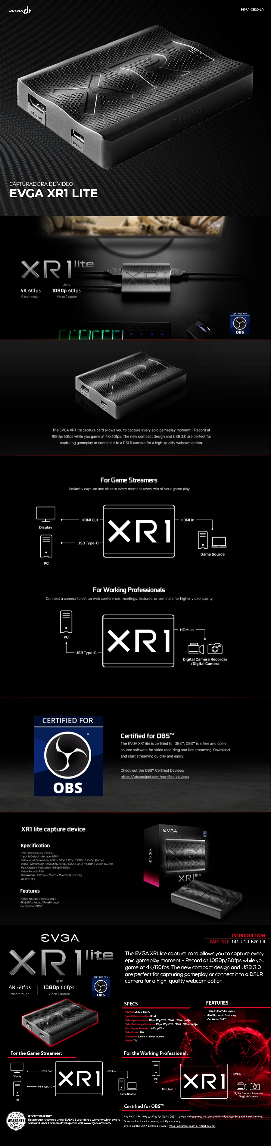 Descripción de Tarjeta de Capturadora de Video EVGA XR1 Lite / USB 3.0 / 4K / Pass Through / PC, PS5, PS4, Xbox Series X y S, Xbox One, Nintendo Switch / Certificada Para OBS / 141-U1-CB20-LR