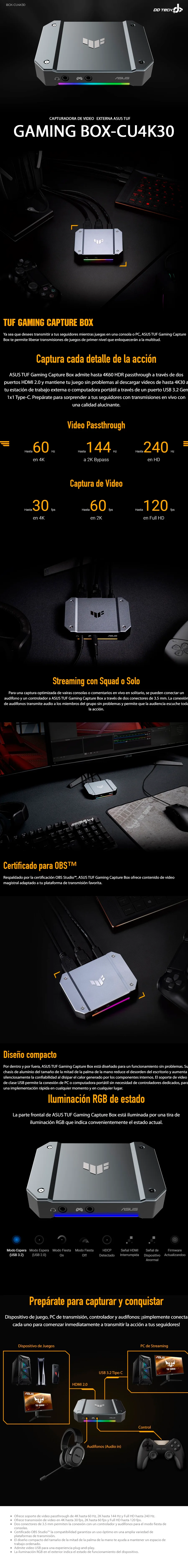 Descripción de Capturadora Externa Asus TUF / PS4, XBOX, Nintendo Switch o PC/ FHD / 4k-60Hz / BOX-CU4K30