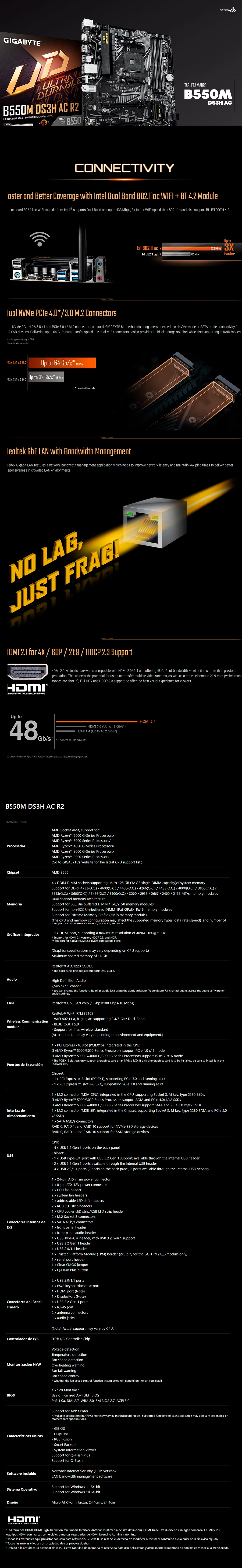 Descripción de Tarjeta Madre Gigabyte B550M DS3H AC R2 / Micro-ATX / AM4 / AMD B550 / Up to 128GB DDR4 / HDMI/DP / B550M DS3H AC R2 