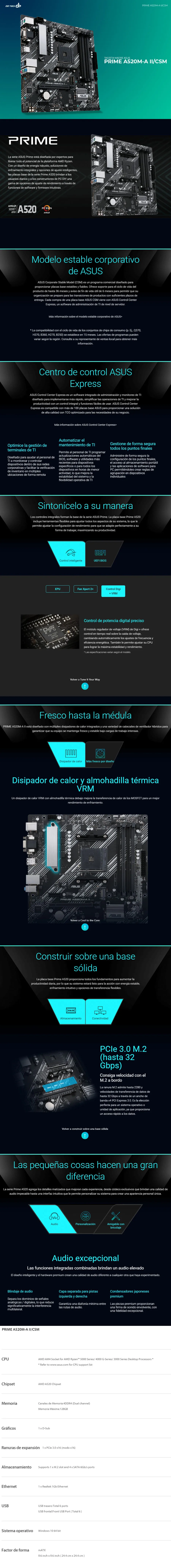 Descripción de Tarjeta Madre Asus PRIME A520M-A-ll/CSM Socket AM4 AMD Ryzen 3ra Generación Ready A520 Micro ATX / DDR4