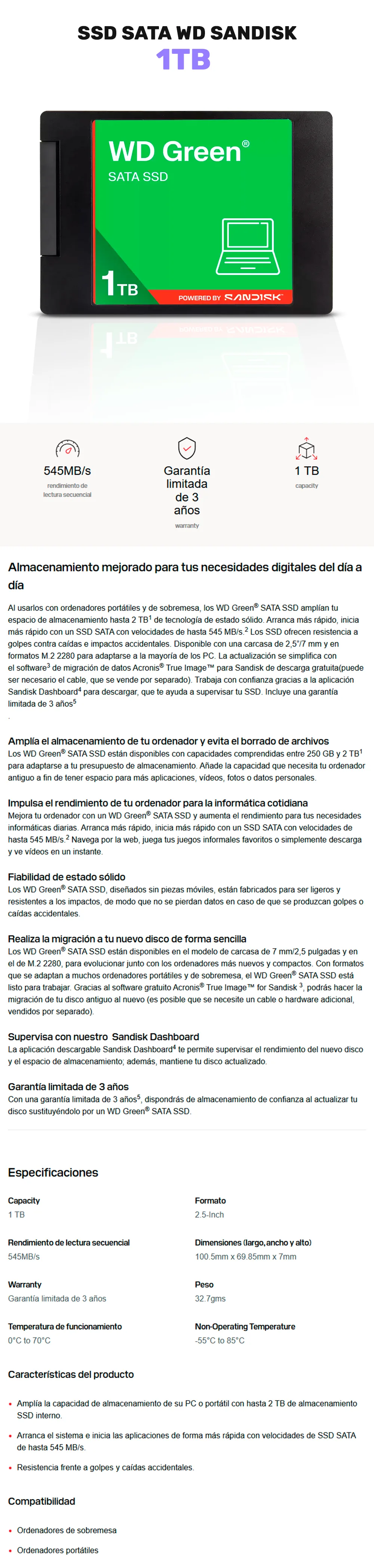 Descripción de Unidad de Estado Sólido SSD WD Sandisk Green / 1TB / SATA / 545 MB/s Lectura secuencial / 2.5 / WDS100T5G0A-00CPT0