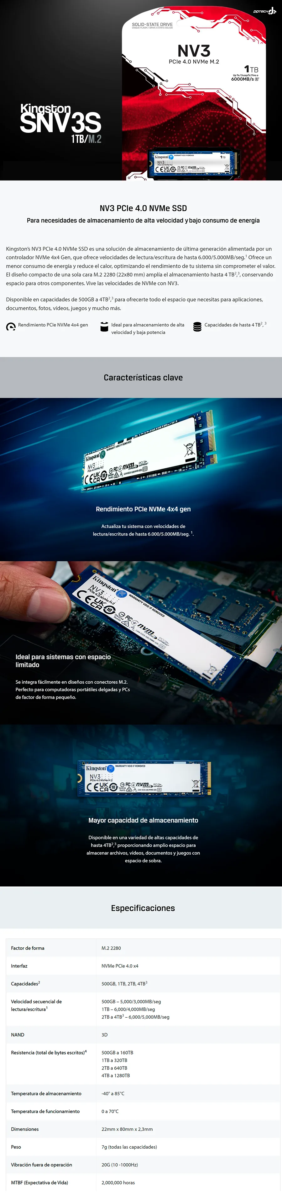 Descripción de Unidad de Estado Sólido SSD Kingston SNV3S NVMe / 1TB / PCI Express 4.0 / 6,000MB/5,000MB / M.2 / SNV3S/1000G / promokingston 