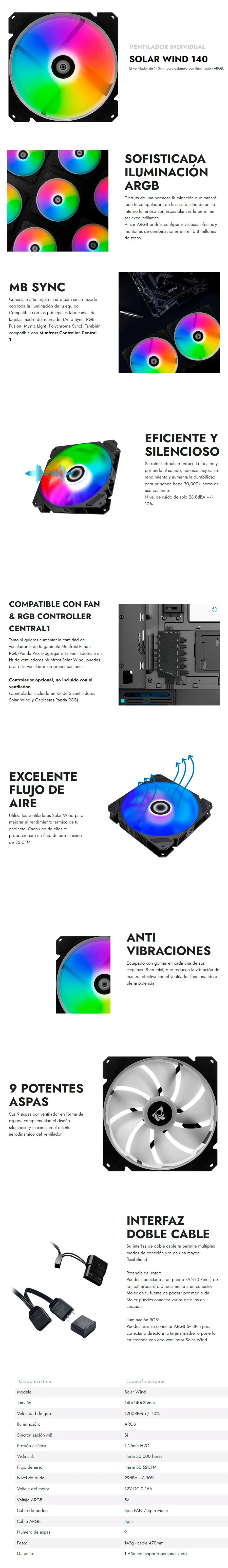 Descripción de Ventilador Munfrost Solar Wind 140 / 140mm / Compatible con Aura Sync etc. / ARGB 5v 3pin / 3 pin - molex / anti-vibraciones / Iluminación ARGB  / OFFMUNFROST