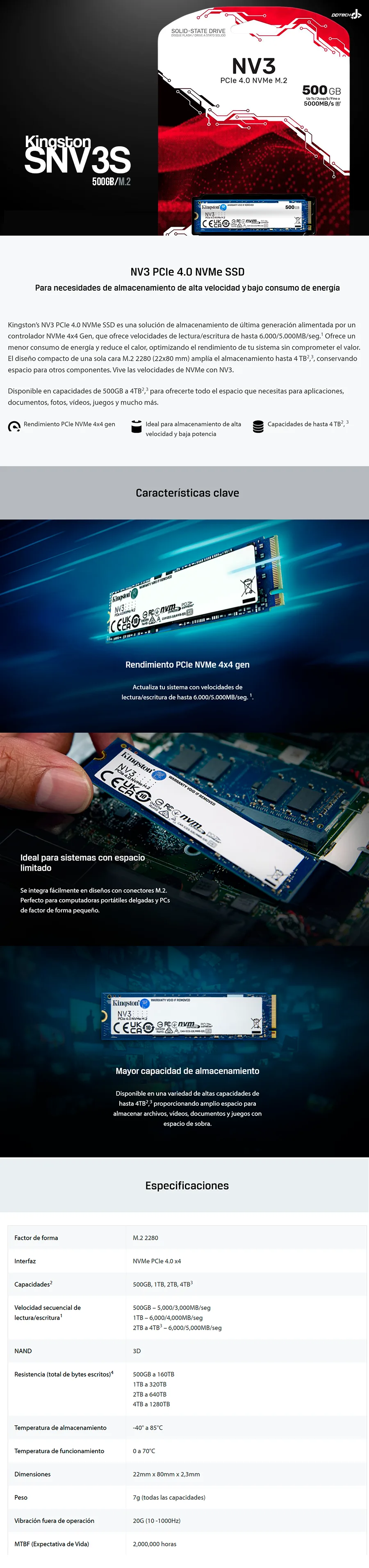Descripción de Unidad de Estado Sólido SSD Kingston SNV3S NVMe / 500GB / PCI Express 4.0 / 5,000MB/3,000MB / M.2 / SNV3S/500G 