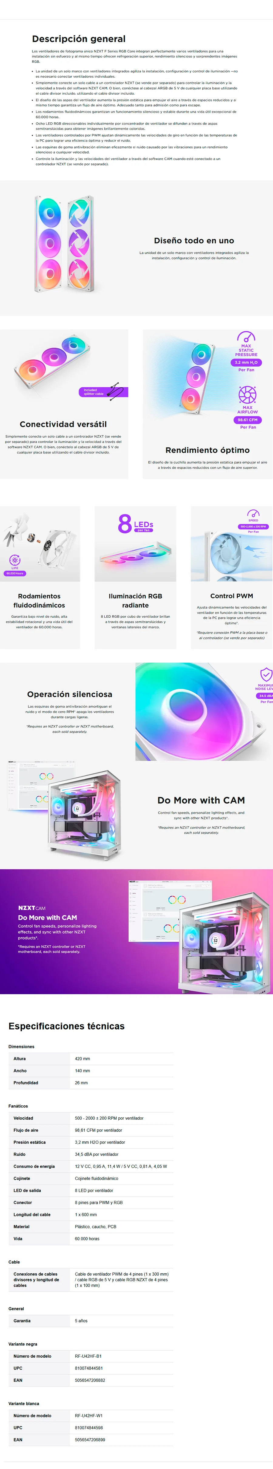 Descripción de Unidad de Ventilador Monocasco NZXT F420 RGB Core / De un Solo Marco / 420mm / 3 Ventiladores RGB de 140mm / Control de Velocidad e Iluminación / Alta presión Estática y Flujo de Aire / RF-U42HF-B1