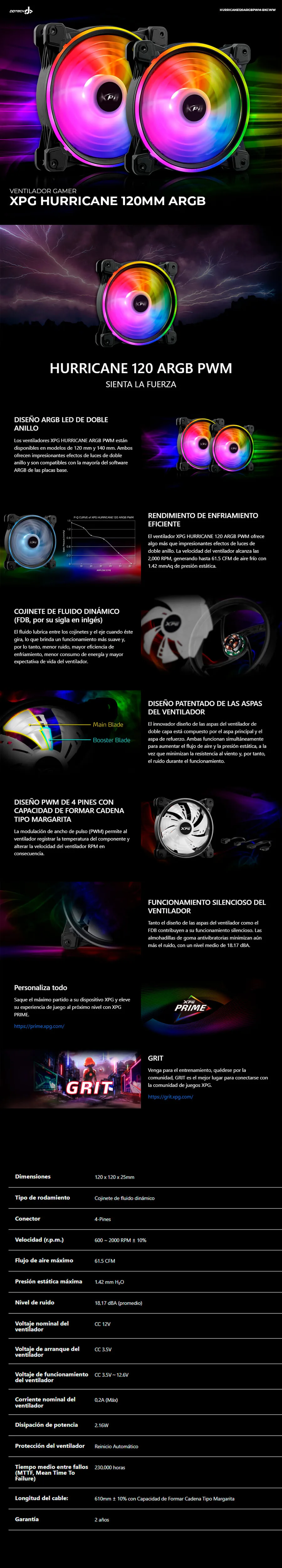 Descripción de Ventilador para Gabinete XPG Hurricane 120mm / ARGB Led de Doble Anillo / HURRICANE120ARGBPWM-BKCWW