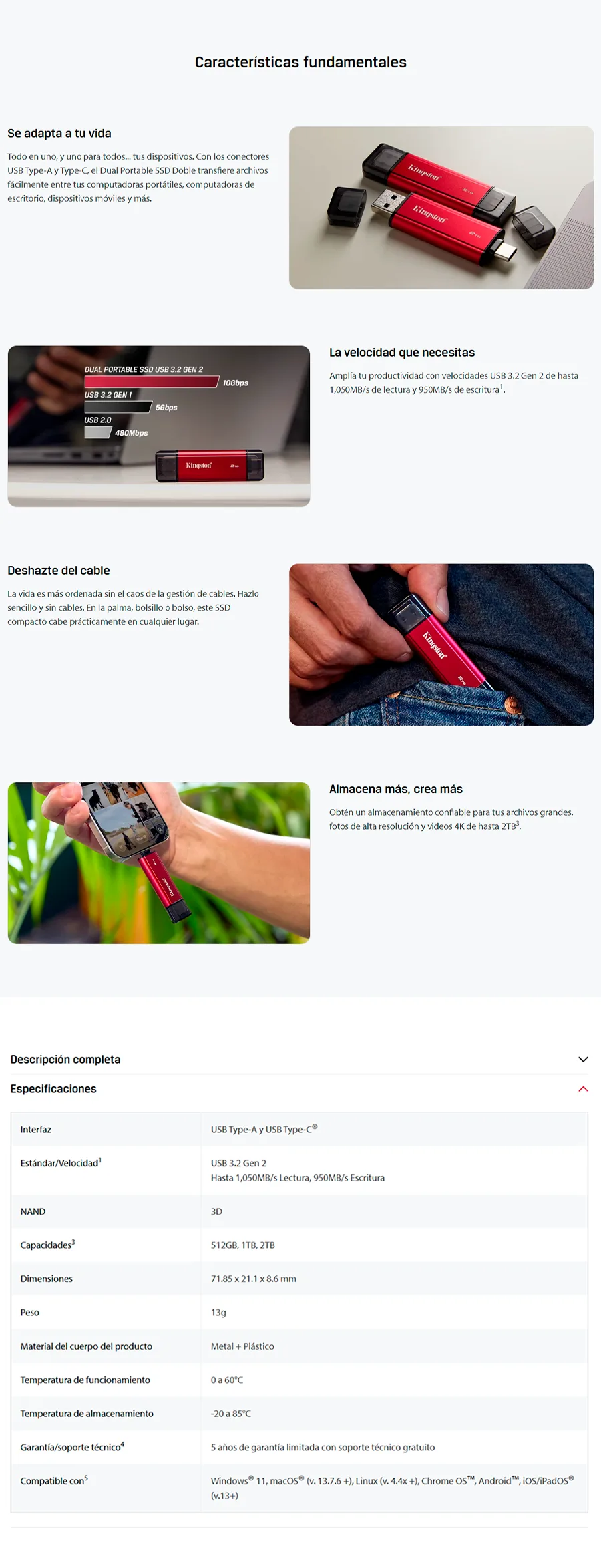 Descripción de SSD Externo Kingston Dual Portable SSD / 1TB / USB-C/USB-A / Rojo / SPSD/1TB 