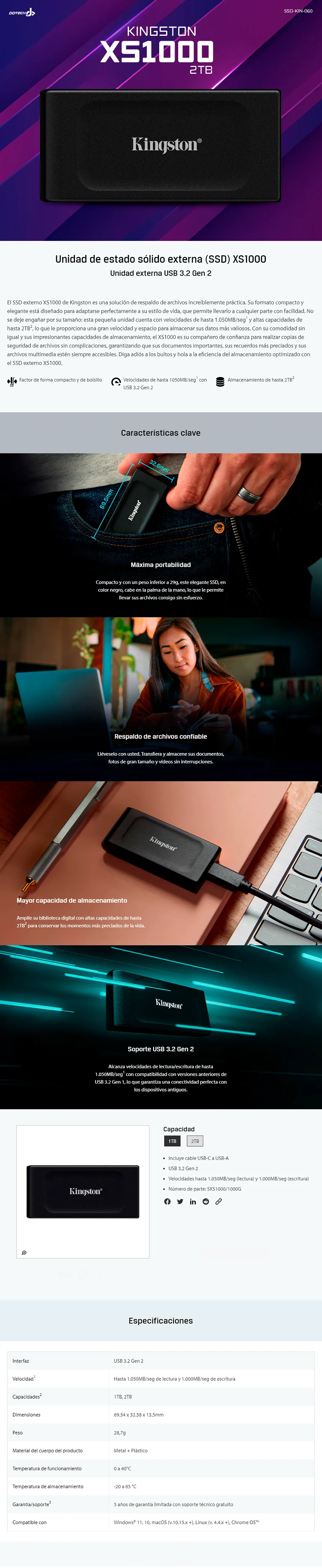 Descripción de Unidad de Estado Sólido Externo Kingston XS1000 / 2TB / USB C / Negro / SXS1000/2000G / promokingston