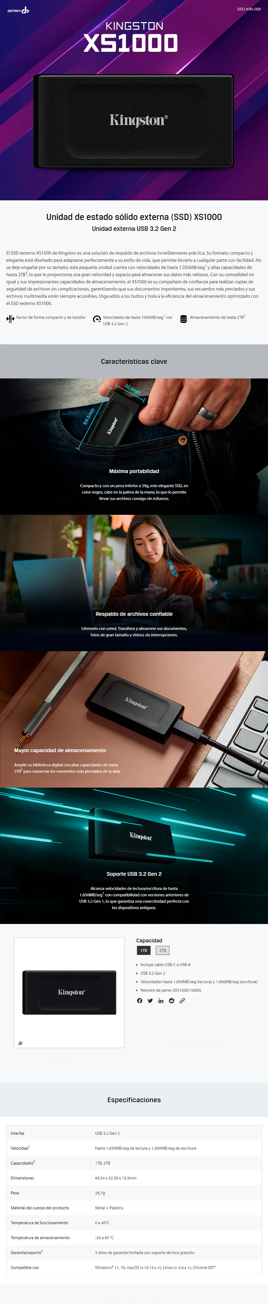 Descripción de Unidad de Estado Sólido Externo Kingston XS1000 / 1TB / USB C / Negro / SXS1000/1000G / promokingston