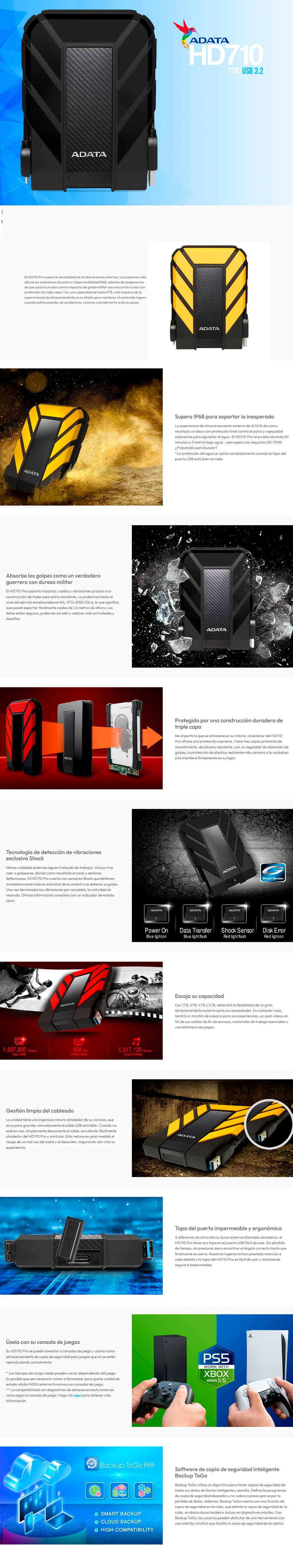 Descripción de Disco Duro Externo Adata HD710 Pro 2.5'' / 1TB / USB 3.0 / Para Mac/PC / Negro / AHD710P-1TU31-CBK