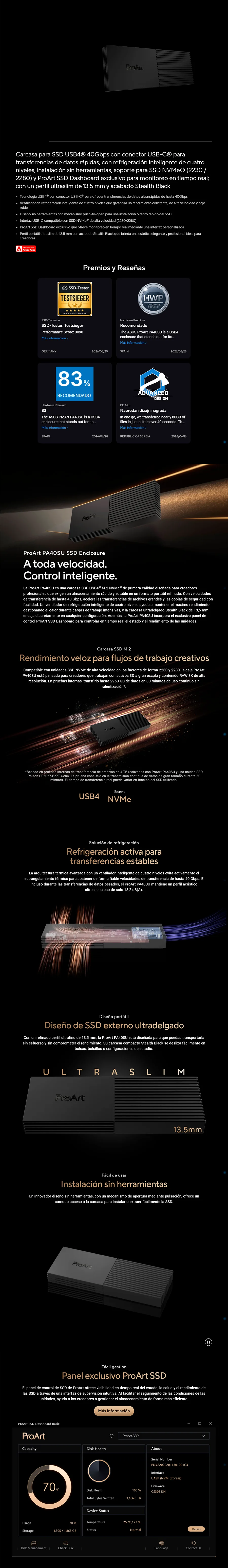 Descripción de Enclosure ASUS ProArt PA40SU para SSD M.2 NVMe / USB4 Type-C 40Gbps / Compatible 2230 y 2280 / Refrigeración Inteligente de 4 Niveles / Tool-Free / ProArt SSD Dashboard / ESD-P1NL