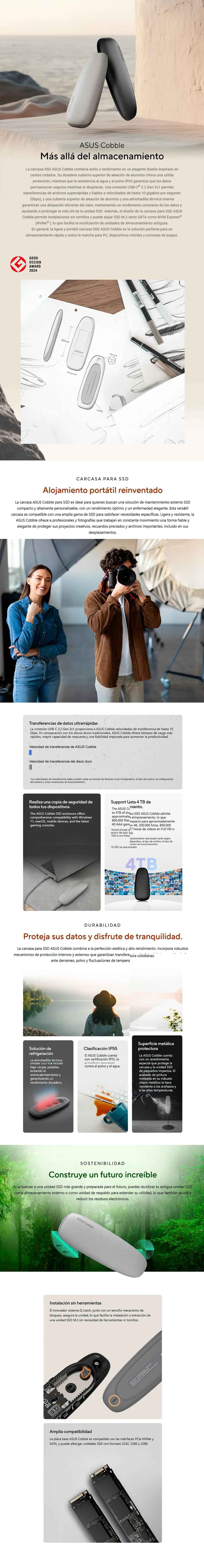 Descripción de Enclosure ASUS Cobble para SSD M.2 NVMe y SATA / USB 3.2 Gen 2 Type-C 10Gbps / Compatible 2242, 2260 y 2280 / Hasta 4TB / IP55 / Tool-Free / ESD-A1A GRAY