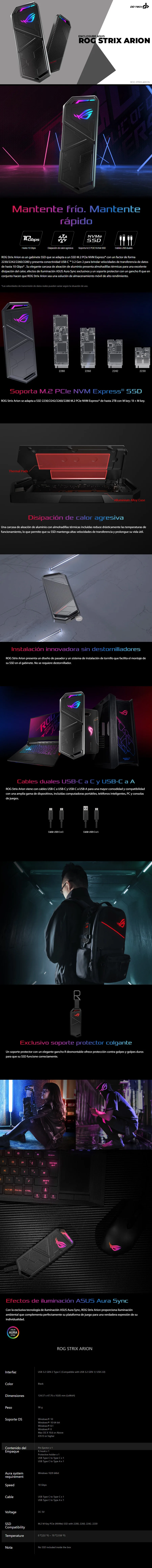 Descripción de Gabinete / Enclosure Asus ROG STRIX ARION / USB 3.2 Tipo C / M.2 NVMe SSD / RGB Aura Sync / B + M Key / 10GB/s ESD-S1C/BLK/G/A /