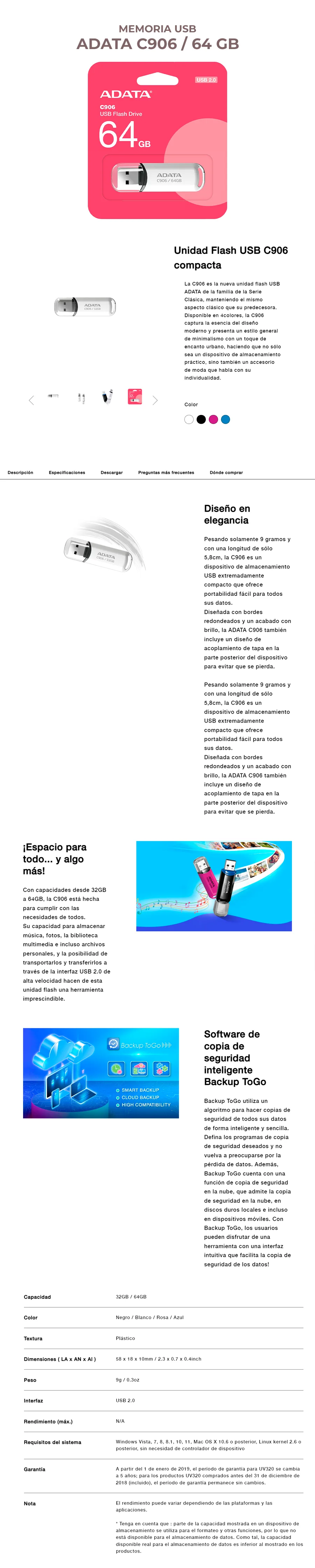 Descripción de Memoria USB Adata C906 / 64GB / USB 2.0 / Lectura 30 MB/s / Escritura 8 MB/s / Blanco / AC906-64G-RWH