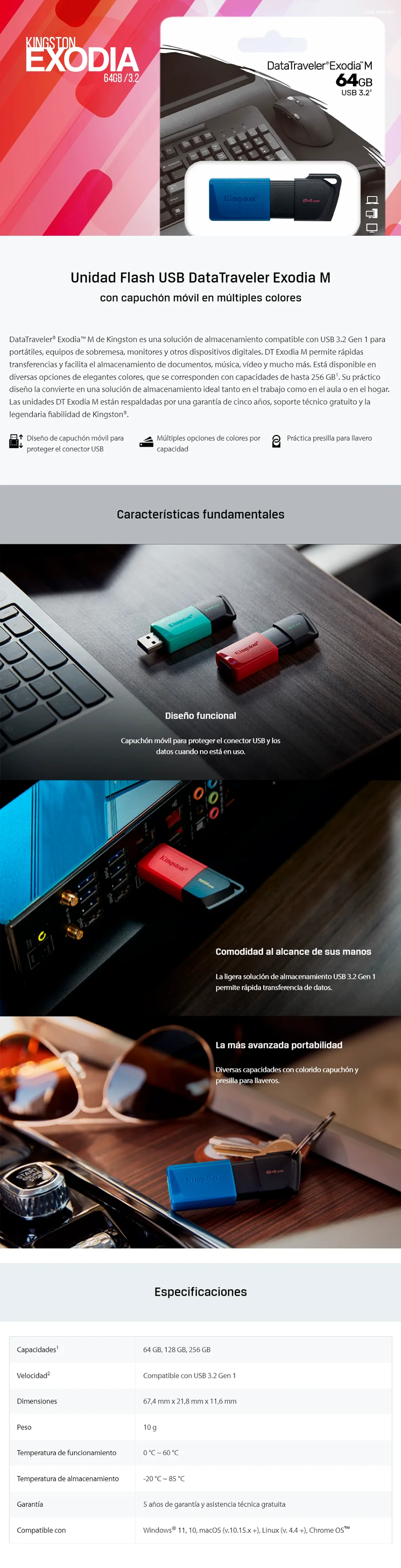 Descripción de Memoria USB Kingston DataTraveler Exodia M / 64GB / USB A / Negro/Azul / DTXM/64GB