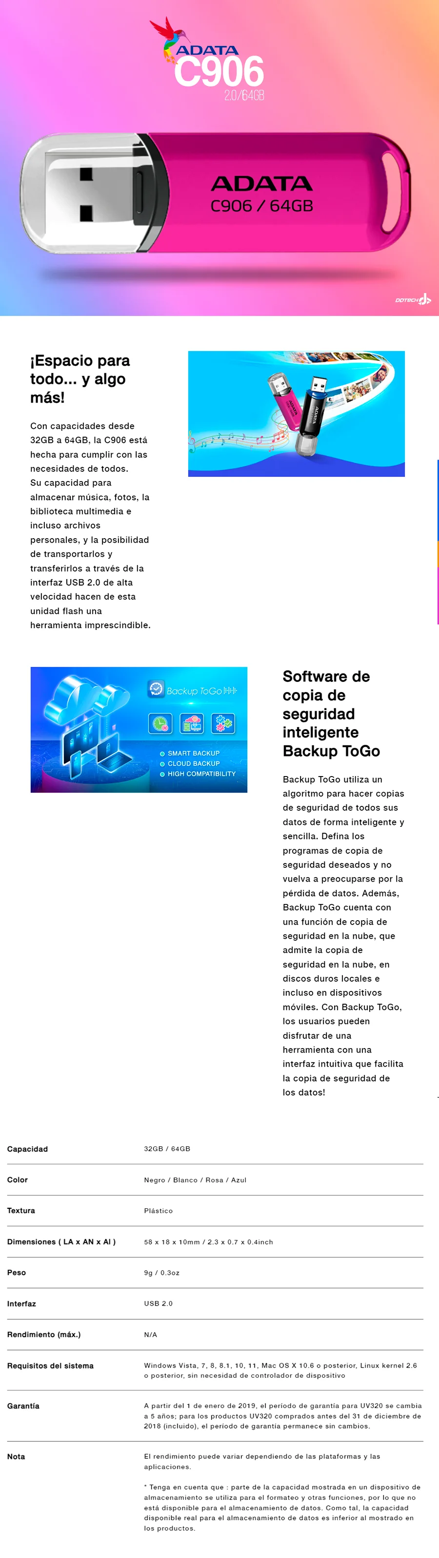 Descripción de Memoria USB Adata C906 / 64GB / USB 2.0 / Rosa / AC906-64G-RPP