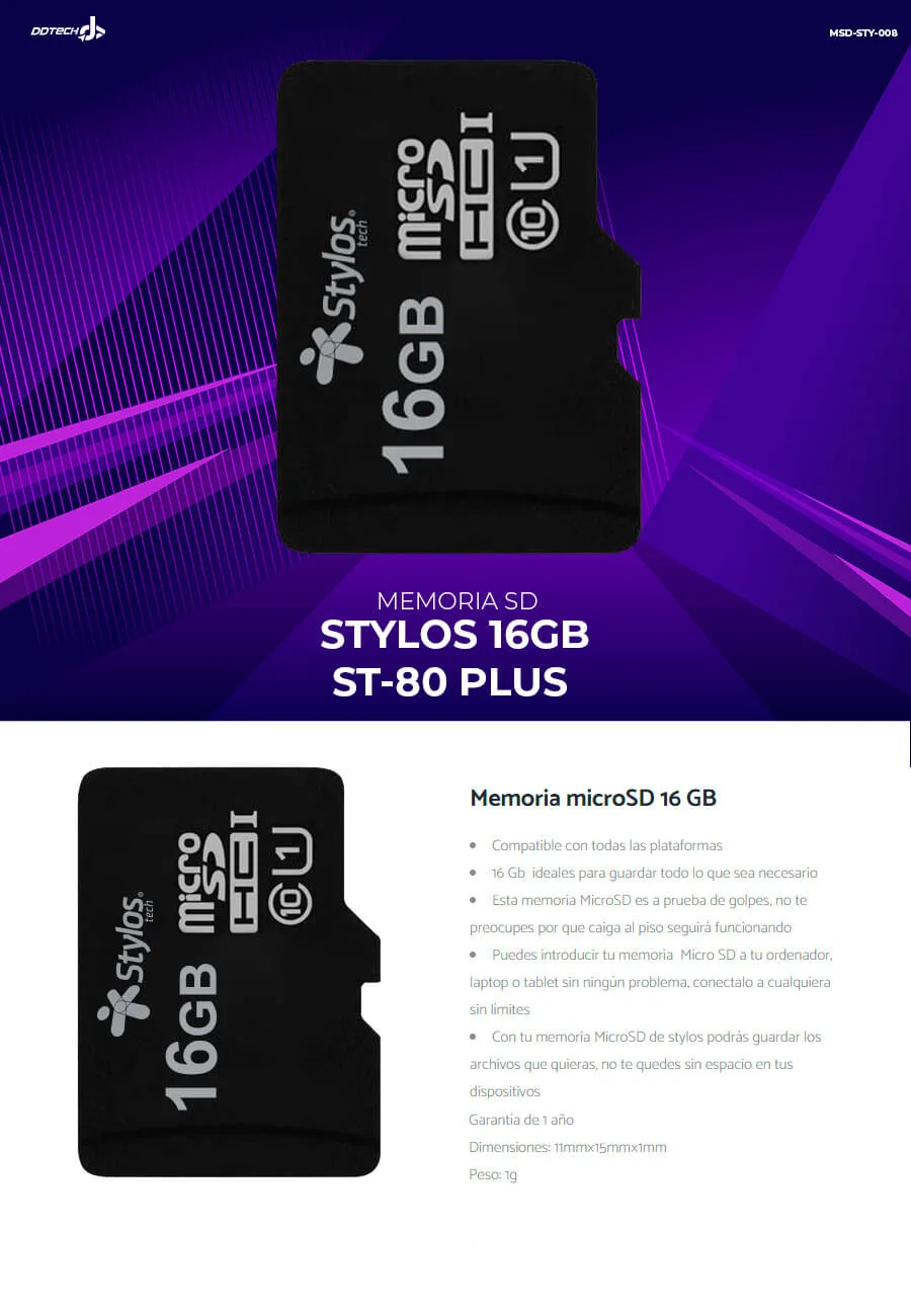 Descripción de Memoria MicroSD Stylos STMS164B 16GB S/A Clase 10 UHS-1 / STMS164B