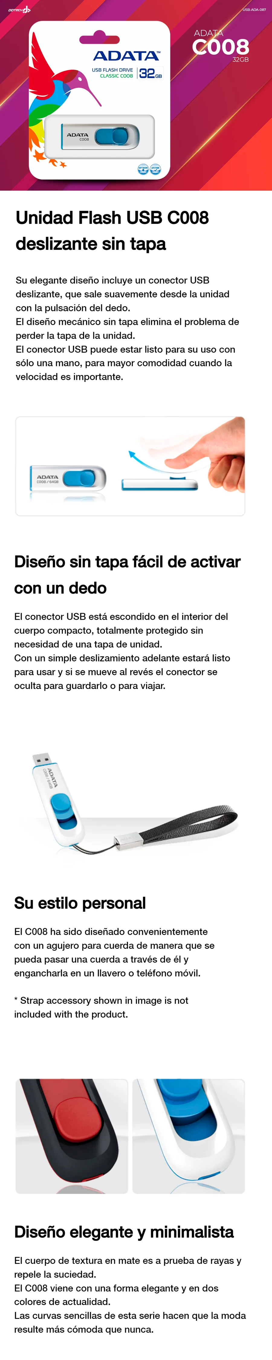 Descripción de Memoria USB Adata C008 / 32GB / USB 2.0 / Azul/Blanco / AC008-32G-RWE