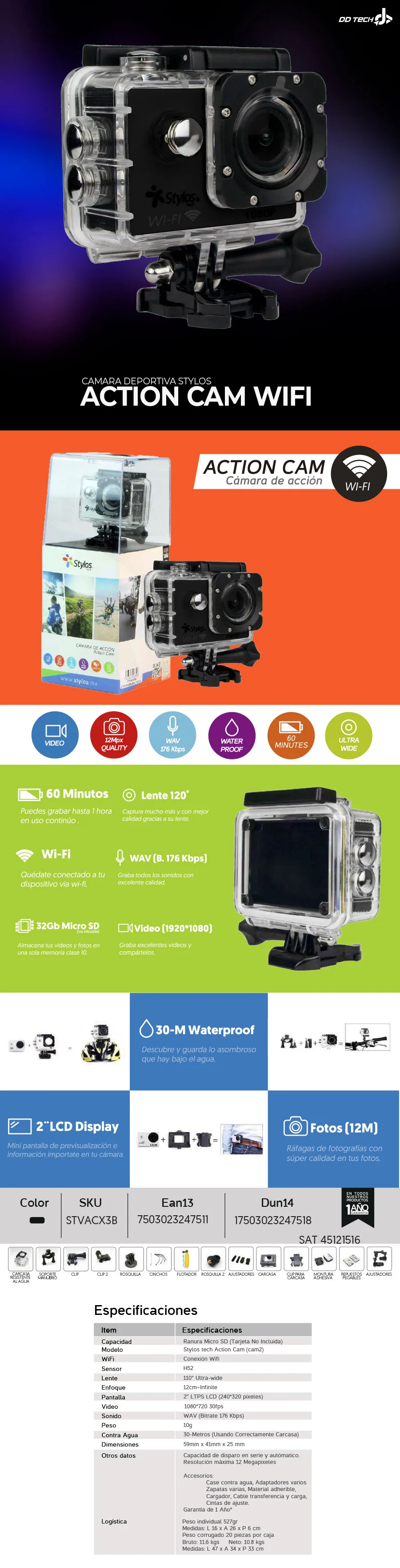 Descripción de Cámara de Acción Wifi Stylos  / Resistente al Agua 30m / 1080p / Lente 120° / Ultrawide / STVACX3B / PROMOXZEAL