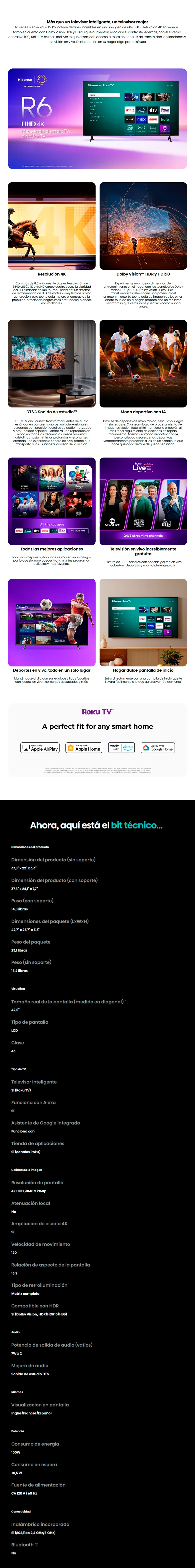 Descripción de TV Hisense 43R6E4 / 43 / 4K UHD / Smart TV Roku / HDR / Motion Rate 120 / WiFi / LED / Reacondicionado de Fábrica / 43R6E4 / 1 año de Garantia