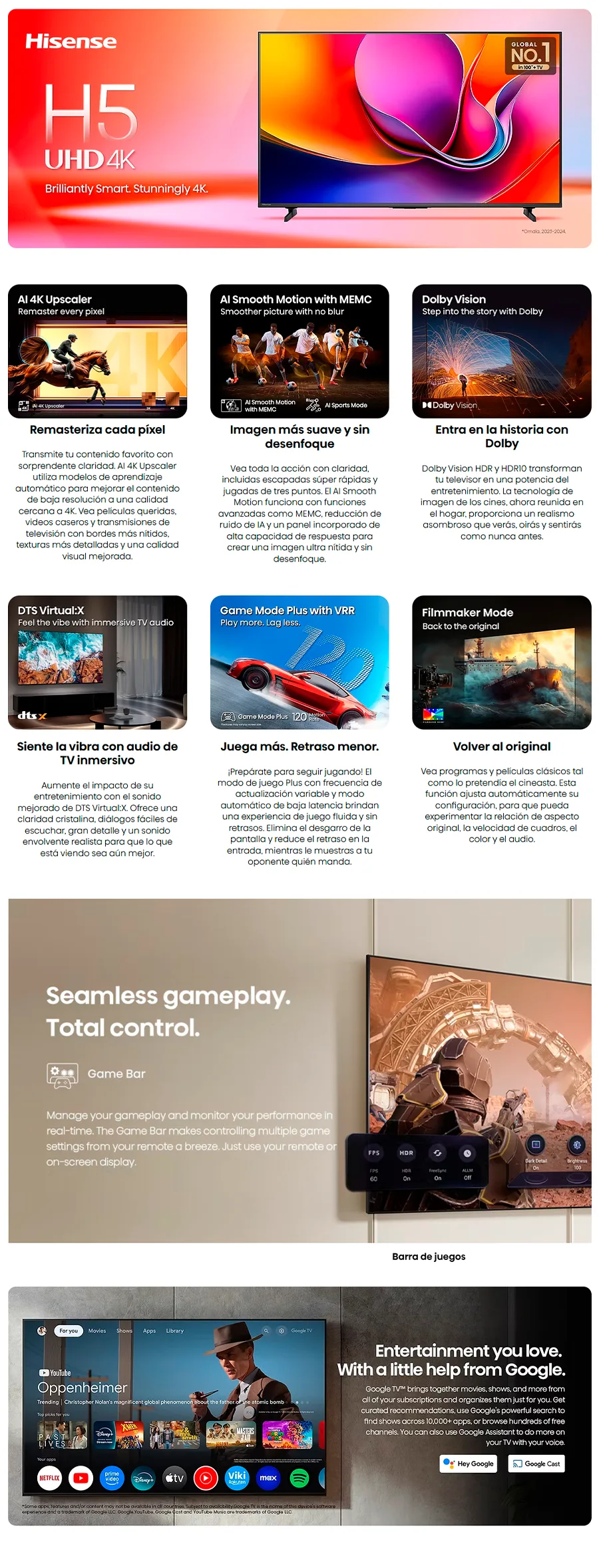 Descripción de Pantalla Smart TV Hisense 50 Google TV / 4K UHD Ultra HD / Serie H5 Sin Bordes / Compatible con Asistente de Google / Reacondicionada de Fábrica / 50H5BR / 1 año de Garantia