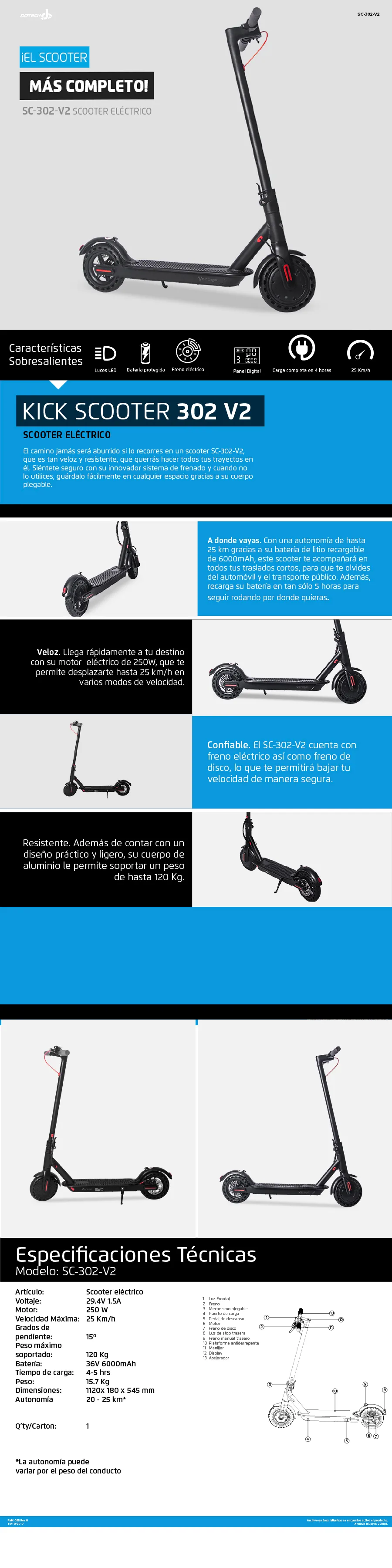 Descripción de Scooter Eléctrico Vorago SC-302 / Patín Plegable / 25Km/h / Hasta 120Kg