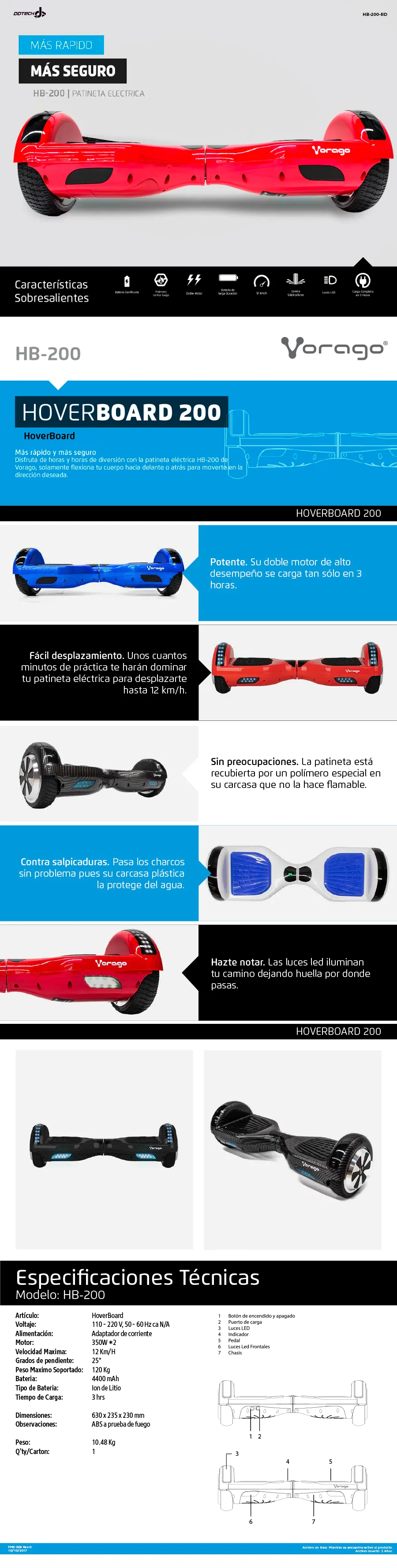 Descripción de Patineta Eléctrica Vorago HB-200-RD / Hoverboard / Roja / 12Km/h / Doble Motor