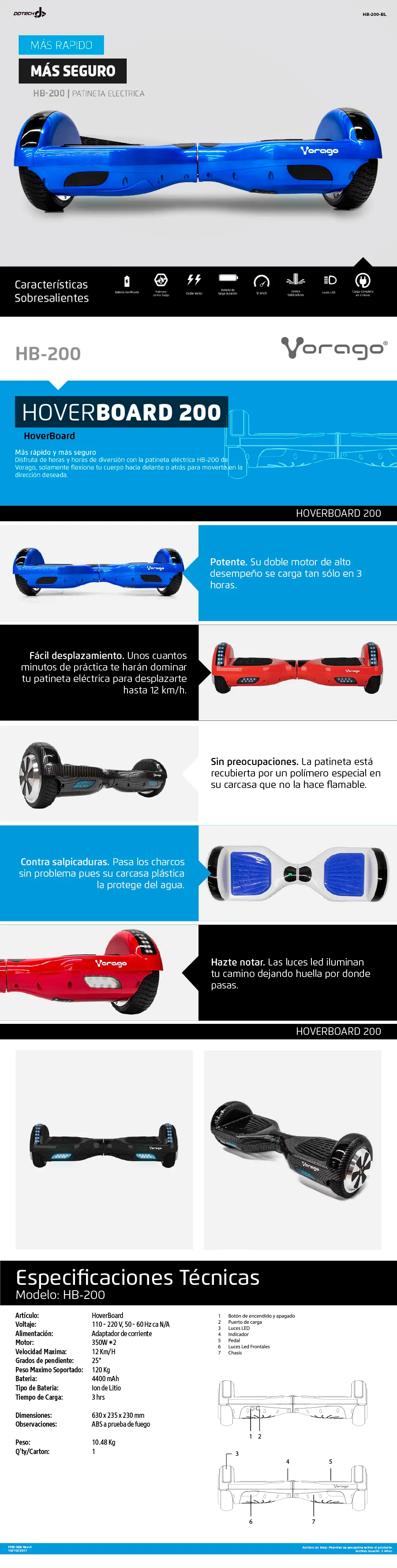 Descripción de Patineta Eléctrica Vorago HB-200-BL / Hoverboard / Azul / 12Km/h / Doble Motor