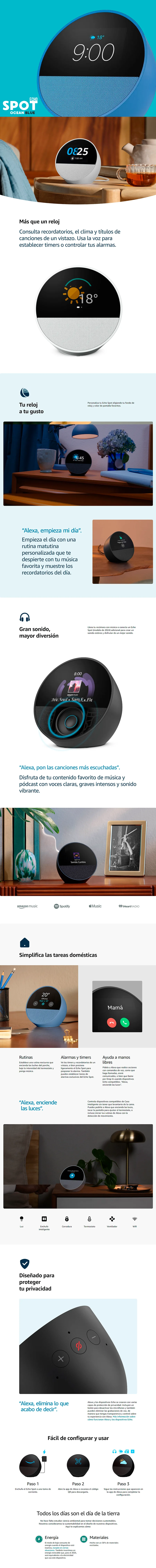 Descripción de Amazon Echo Spot / Despertador inteligente con sonido vibrante y Alexa / Ocean Blue / BV84J9