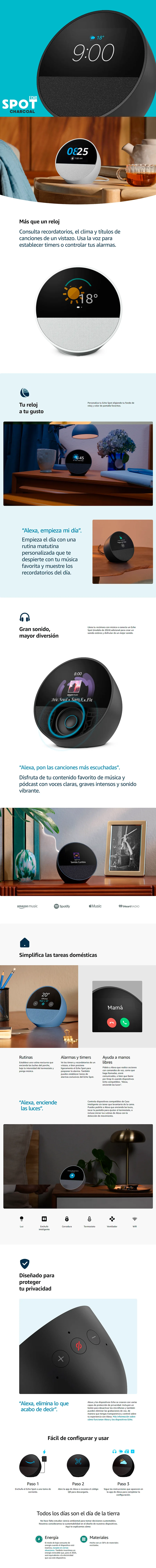 Descripción de Amazon Echo Spot / Despertador inteligente con sonido vibrante y Alexa / Charcoal / BV84J9