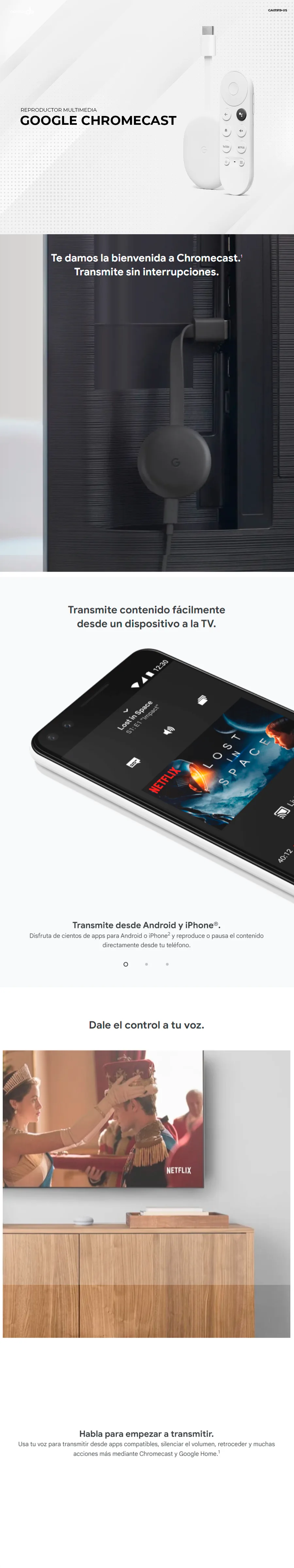 Descripción de Google Chromecast Snow / Reproductor Multimedia / Android / 4K Ultra HD / Wifi / HDMI / USB-C / GA01919-US