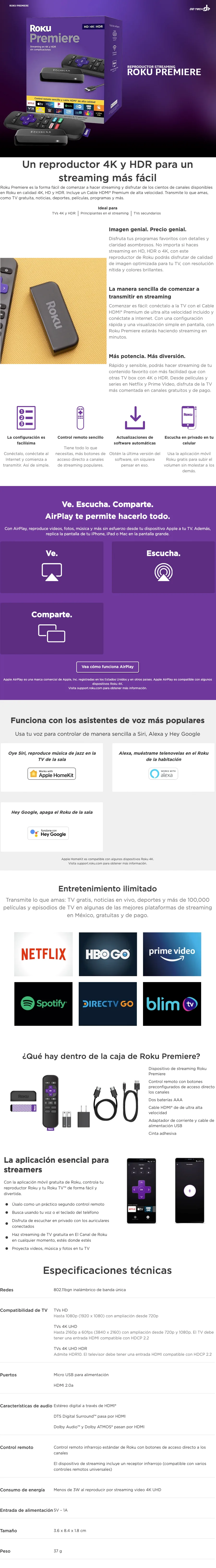 Descripción de TV Box Roku Premiere 4K / HDR10 / HDMI / Dolby Atmos