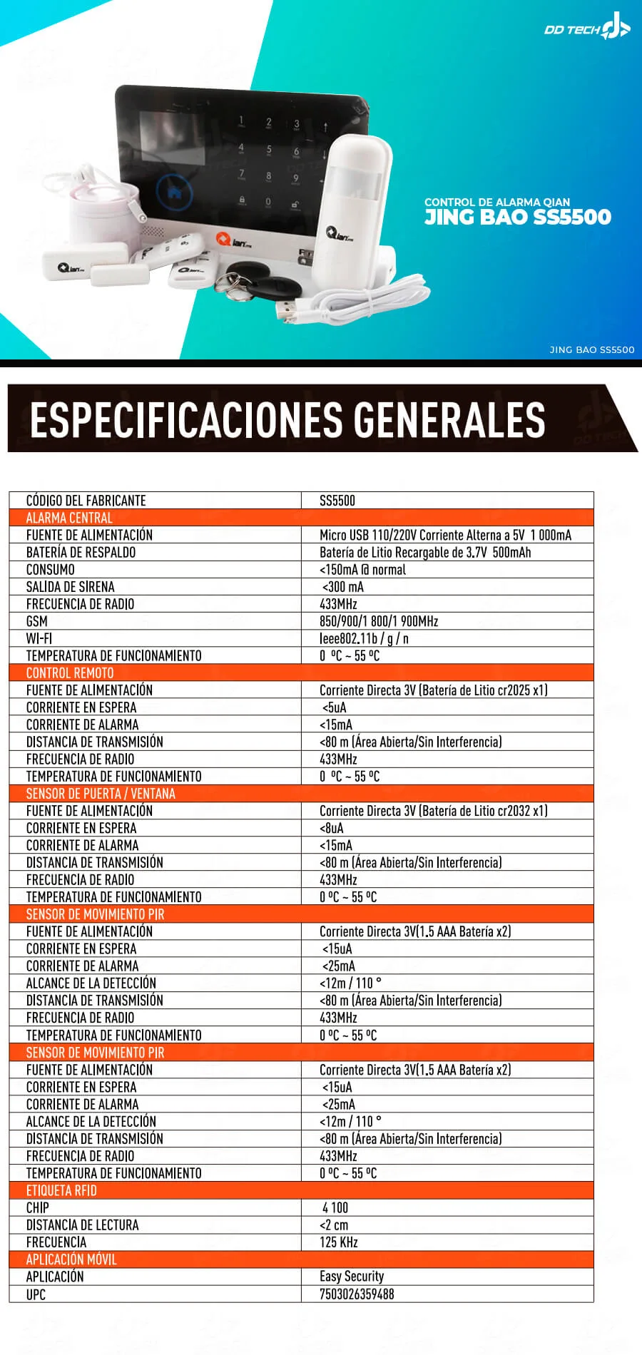 Descripción de Control de Alarma Qian Jing Bao SS5500