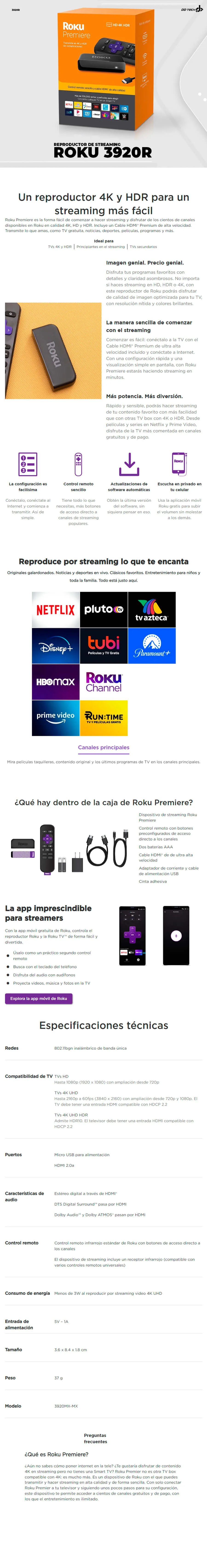 Descripción de Roku Reproductor de Streaming / 4K Ultra HD / Premiere Negro / Wifi / HDMI / 3920R