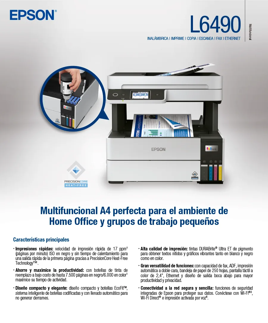 Descripción de Impresora Multifuncional Epson EcoTank L6490 / Inyección de Tinta a Color / Imprime, Copia, Escanea y Fax / Wi-Fi y Ethernet / Dúplex Automático / ADF / Bandeja 250 Hojas / L6490