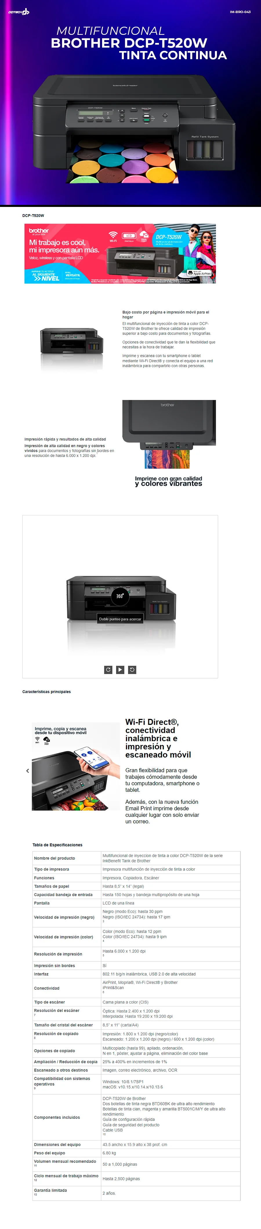 Descripción de Multifuncional Brother DCP-T520W InkBenefit Tank / Color / Inyección / Tanque de Tinta / Inalámbrico / Print/Scan/Copy / DCP-T520W