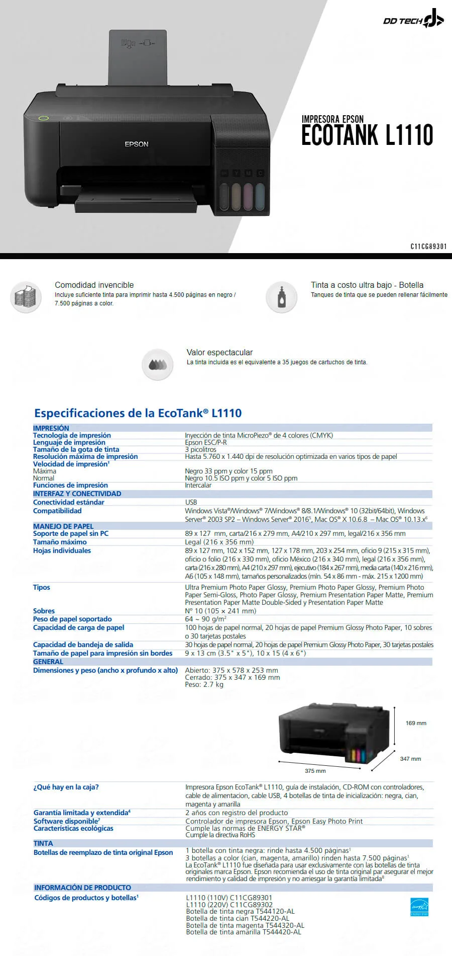 Descripción de Impresora Epson Ecotank L1110 / USB / Color / C11CG89301