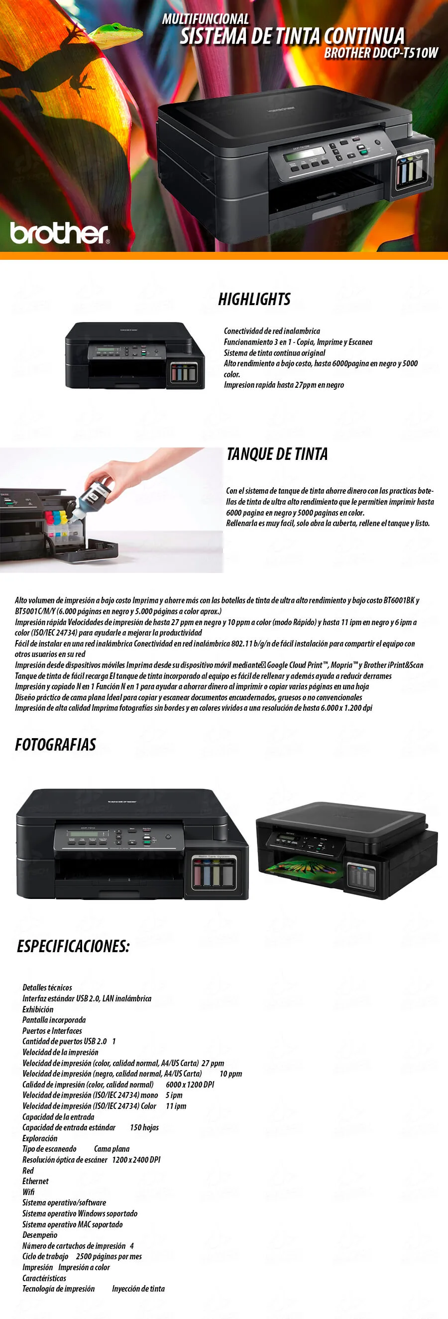 Descripción de Multifuncional Brother DCP-T510W / Tinta continua / USB / WIFI / LAN