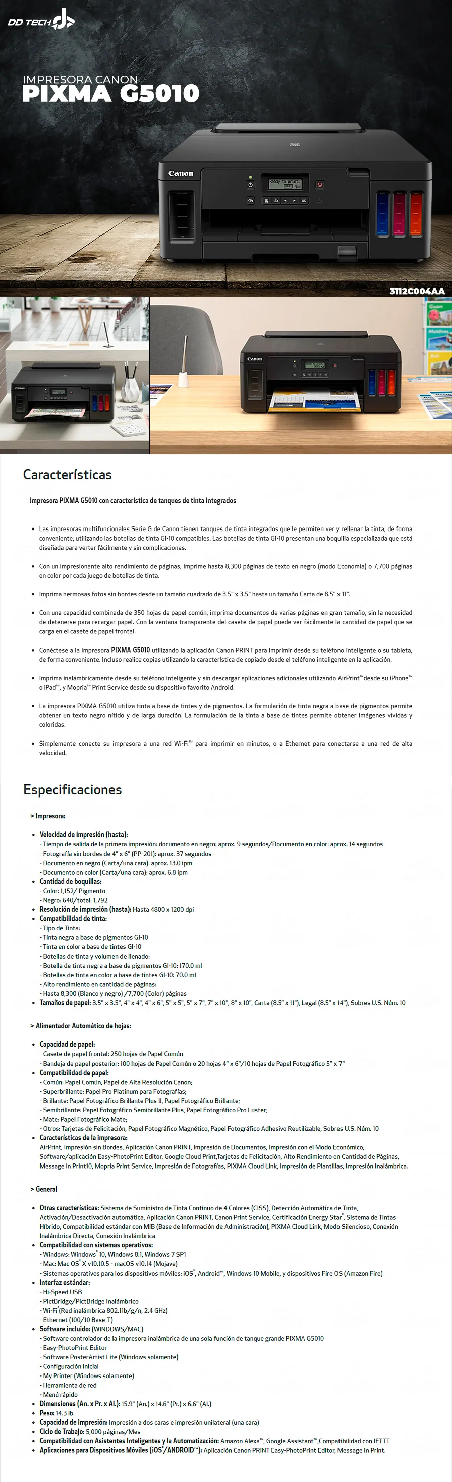 Descripción de Impresora Canon Pixma G5010 / Tinta continua / Wifi / 3112C004AA