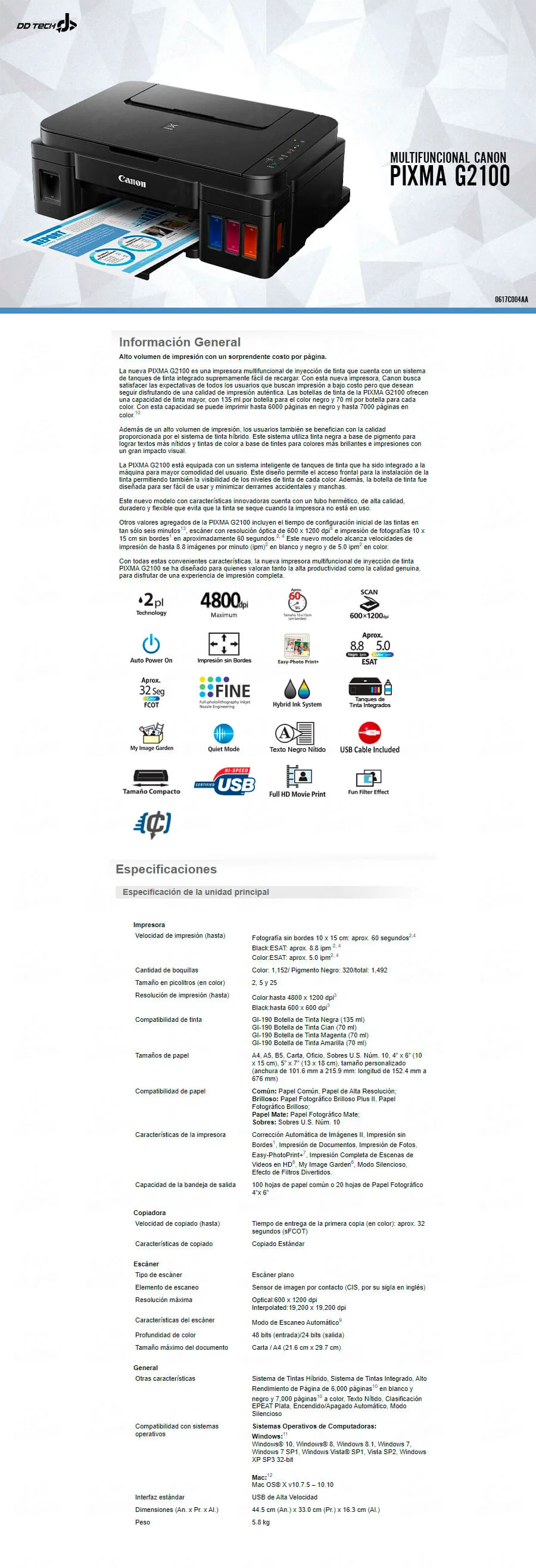 Descripción de Multifuncional Canon Pixma G2100 / Tinta continua / USB / 0617C004AA / 