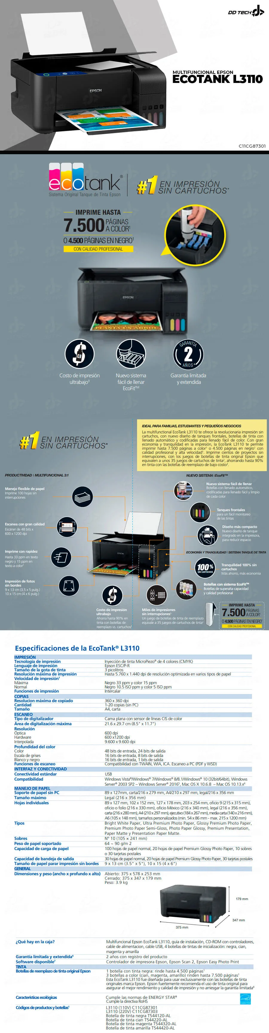Descripción de Multifuncional Epson Ecotank L3110 (C11CG87301) / Tinta continua / USB