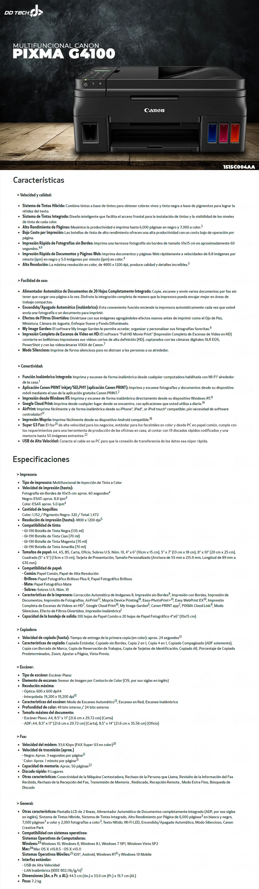 Descripción de Multifuncional Canon Pixma G4100 / Tinta continua / Wifi / 1515C004AA