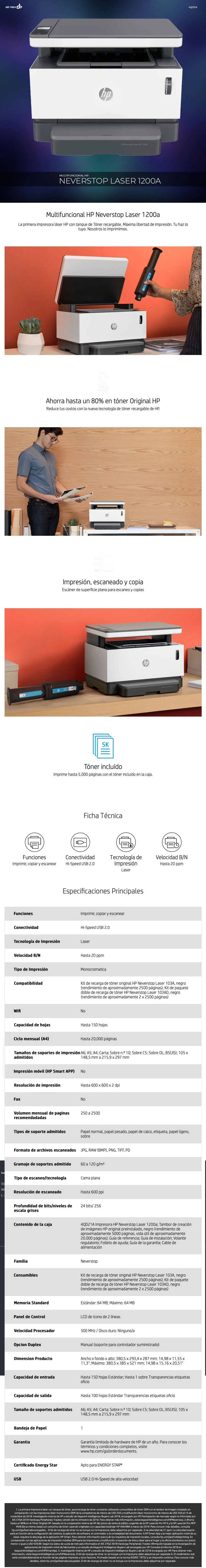 Descripción de Multifuncional HP NEVERSTOP LASER 1200A / Tanque de Tóner / USB / 4QD21A